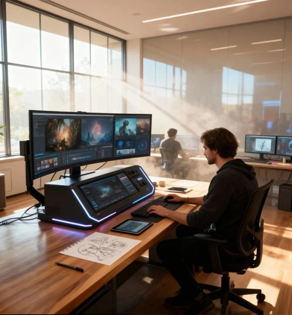 Professional designer working on multiple screens in a modern office using AI content creation services for digital media and visual design